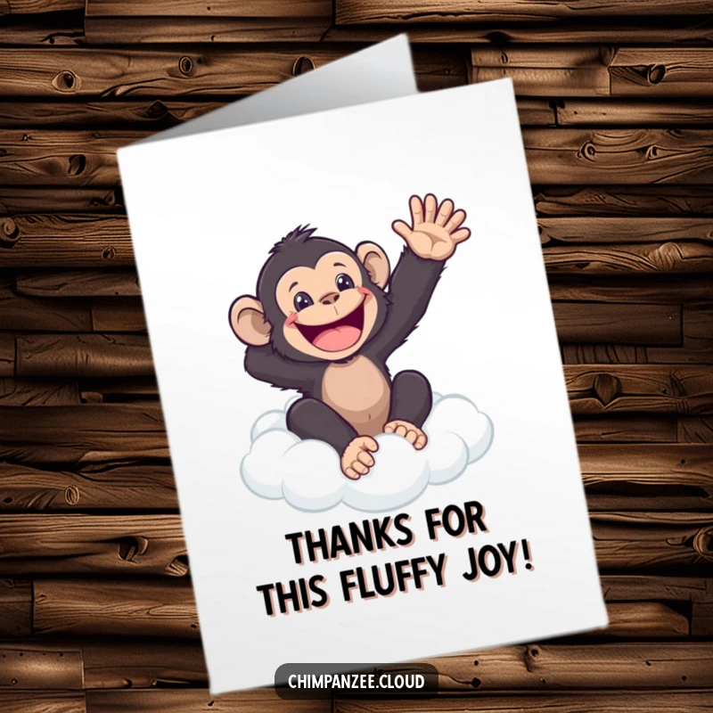 Funny Free Printable Thank You Card: A smiling chimpanzee happily waving from a fluffy cloud, conveying thanks.