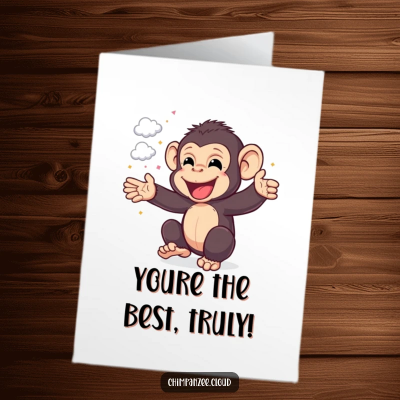 Funny Free Printable Thank You Card: A happy chimpanzee cheers with confetti, offering a cheerful thank you. A delightful downloadable gift.