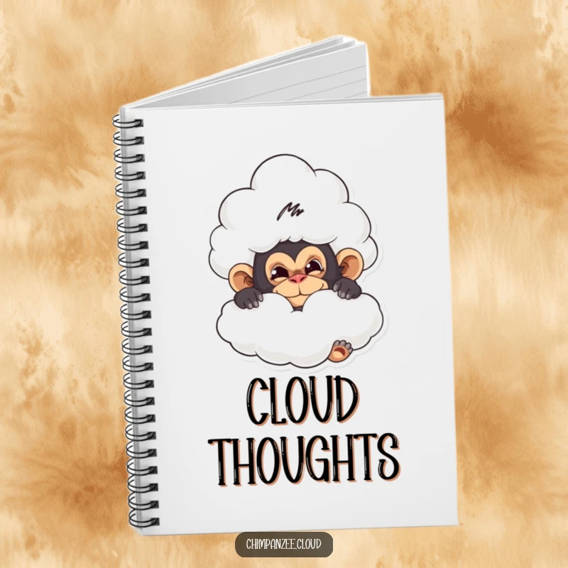 Funny notebook cover with a mischievous chimpanzee hiding behind a cloud, ideal for journaling playful secrets.