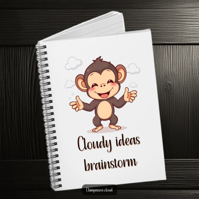 Funny chimp notebook with a cheerful chimpanzee character juggling fluffy white clouds.
