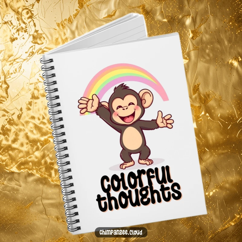 Funny chimpanzee reaching for a rainbow, open notebook for journaling, inspiring and happy.