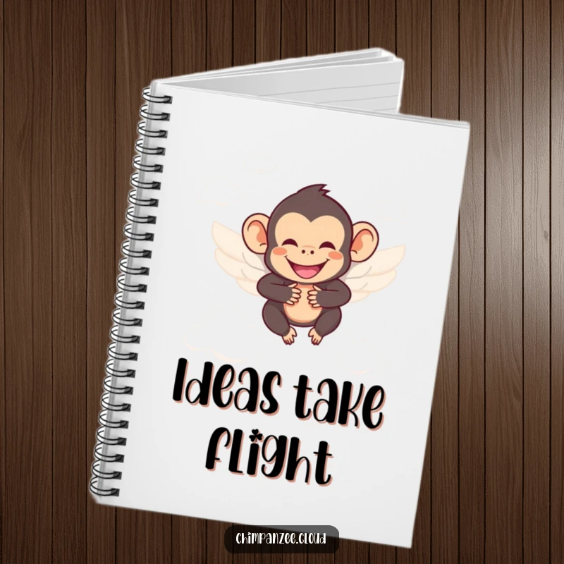 Funny chimpanzee with wings, smiling, soaring between clouds, perfect for writing joyful notes.