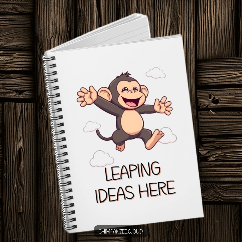 Funny bouncing chimp notebook with a joyful chimpanzee leaping between clouds, ideal funny gift.