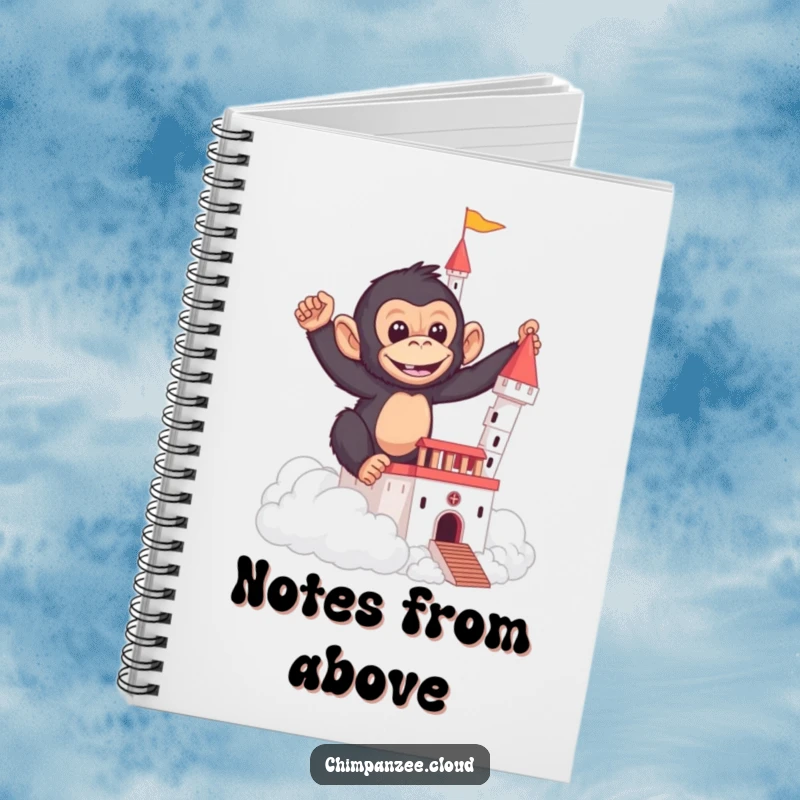 Funny notebook cover illustrating a mischievous chimpanzee constructing a castle out of fluffy clouds.