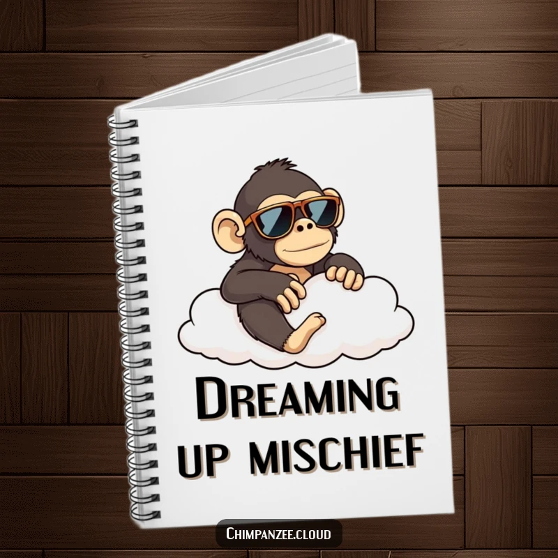 Funny chimpanzee in sunglasses lounging on a cloud, a humorous notebook for capturing ideas, a funny gift.