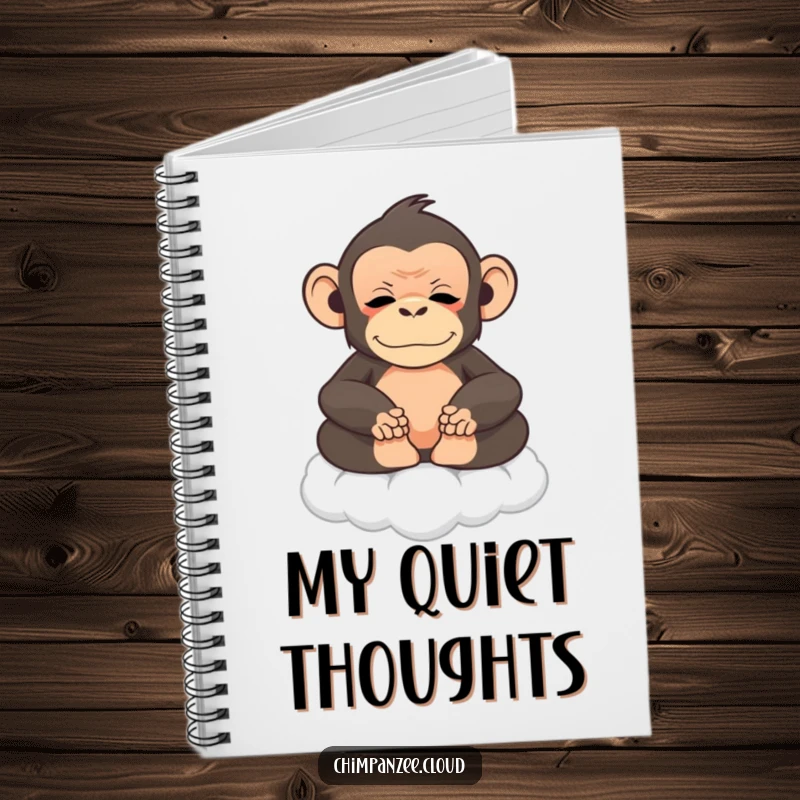 Funny chimpanzee meditating on a cloud, open notebook for journaling, serene humor.