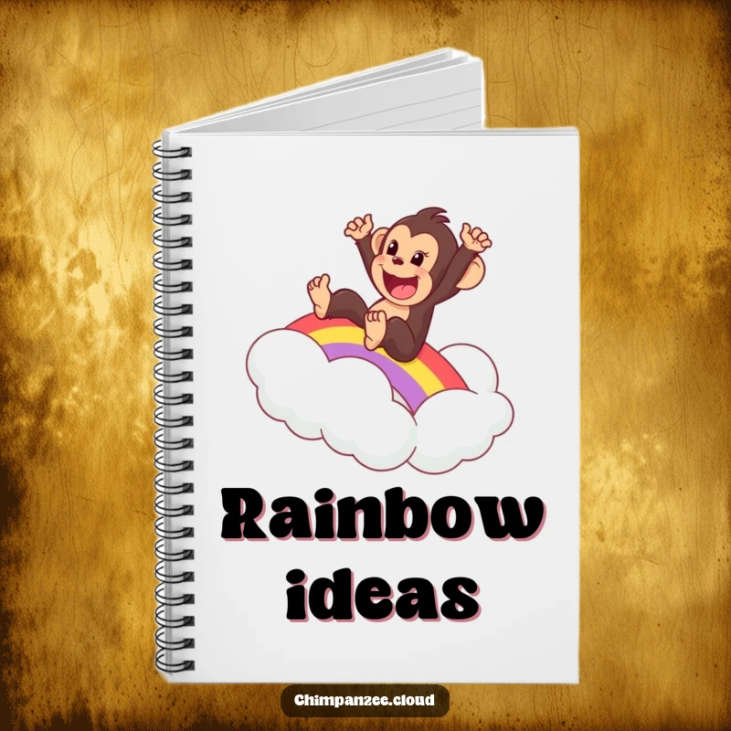 Funny notebook cover with an excited chimpanzee sliding down a rainbow onto a cloud, ideal for journaling dreams.