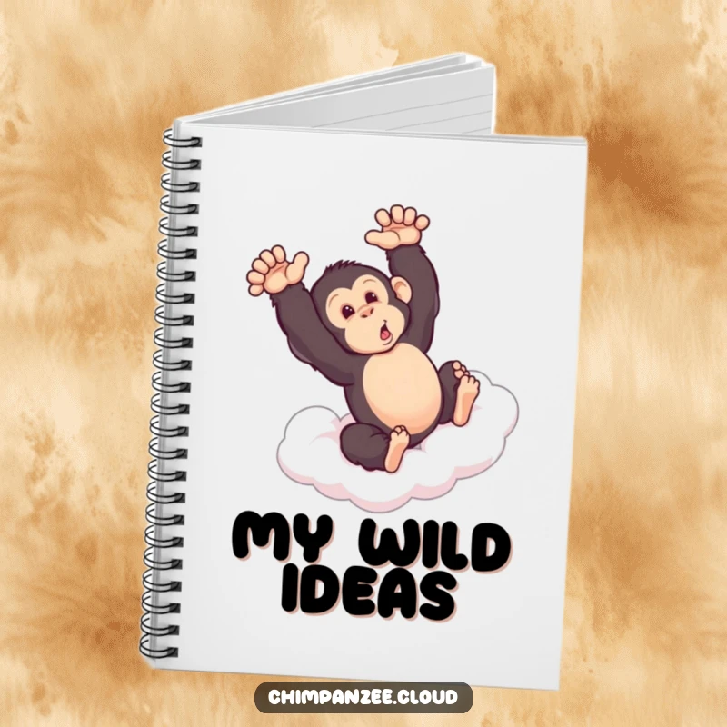 Funny chimpanzee mid-somersault on a cloud, depicted on a notebook cover, inspiring energetic writing and doodling.
