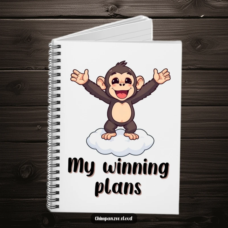 Funny chimpanzee standing triumphantly on a cloud, arms outstretched, open notebook for recording wins.