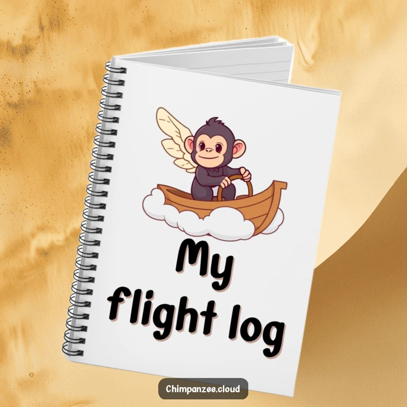 Funny chimpanzee steering a cloud boat on a notebook cover, inspiring creative writing and whimsical note-taking.