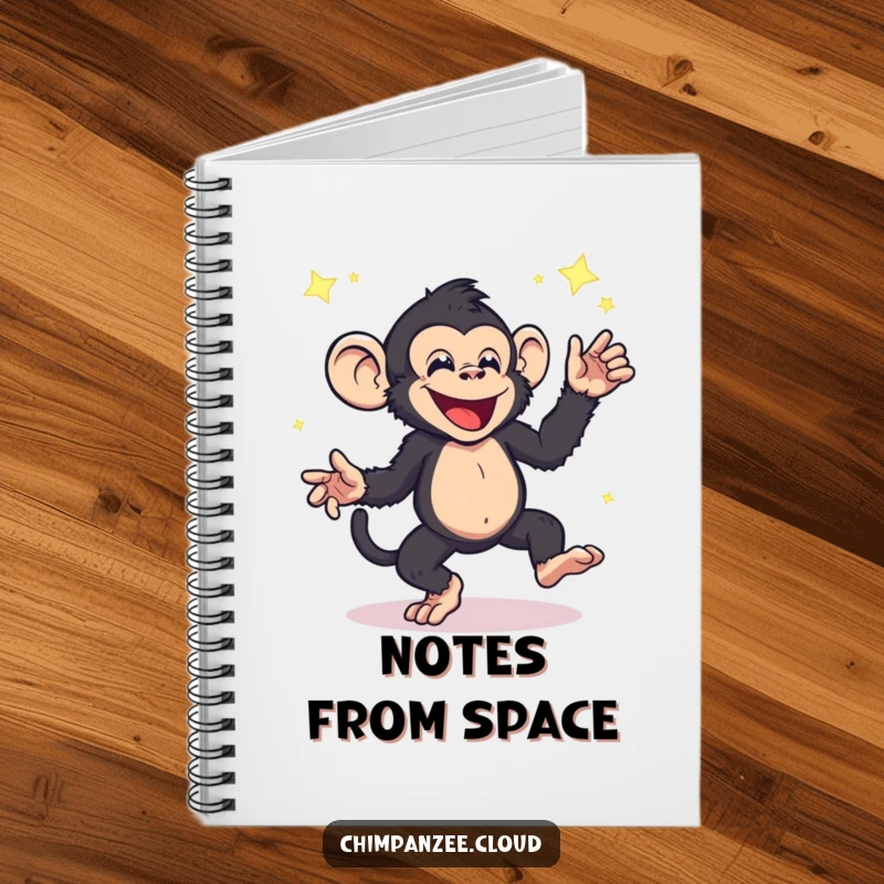 Funny chimpanzee notebook, energetic character dancing with floating star dust, perfect for capturing creative thoughts humorously.