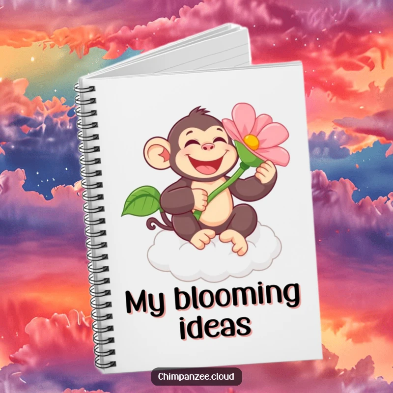 Funny chimpanzee character holding a giant flower on a cloud, featured on a notebook cover for jotting down ideas with humorous inspiration.