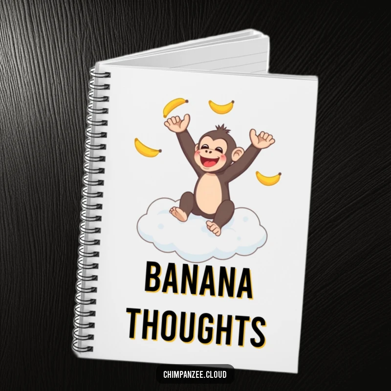 Funny chimpanzee juggling bananas on a fluffy cloud, a notebook for writing, perfect funny gift for creative minds.