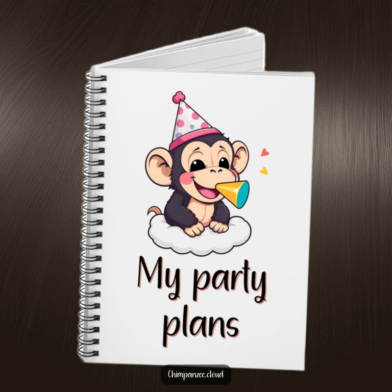 Funny chimpanzee wearing a party hat and blowing a noisemaker on a cloud, featured on a notebook cover for jotting down festive and humorous plans.