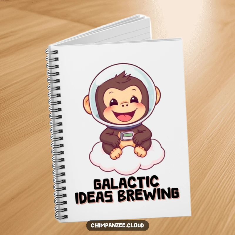 Funny chimpanzee astronaut helmet, floating on a cloud, cheerful, perfect for writing notes and ideas.