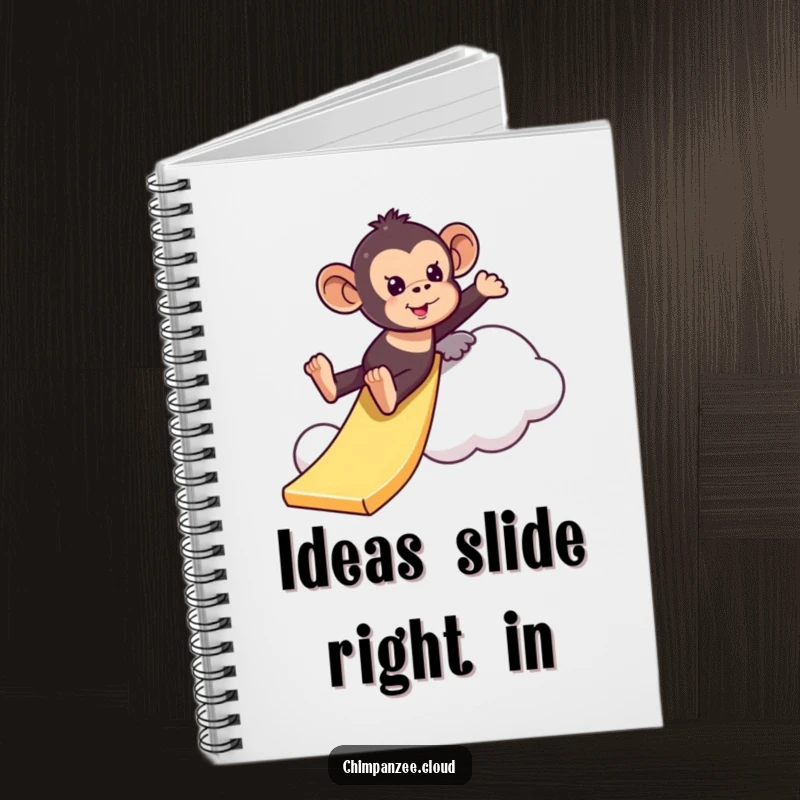 Funny playful chimpanzee notebook sliding down a cloud like a slide, a humorous stationery item for jotting down ideas with an adventurous theme.
