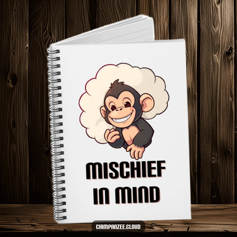 Funny notebook featuring a mischievous chimpanzee with a grin, peeking from behind a cloud, ideal for journaling playful and sneaky thoughts.