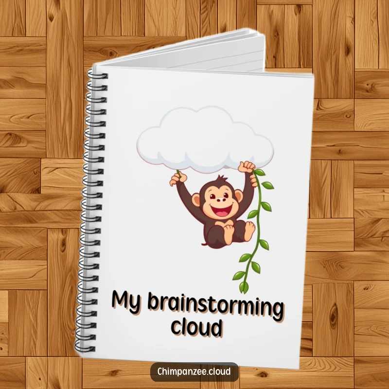 Funny chimpanzee character swinging from a cloud on the cover of a notebook, inspiring humorous notes and creative brainstorming.