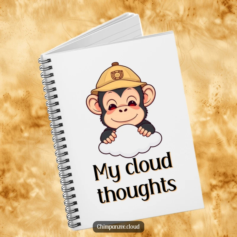 Funny notebook with a cute chimpanzee explorer peeking over a cloud, perfect for journaling adventures and inspiring creative thoughts.