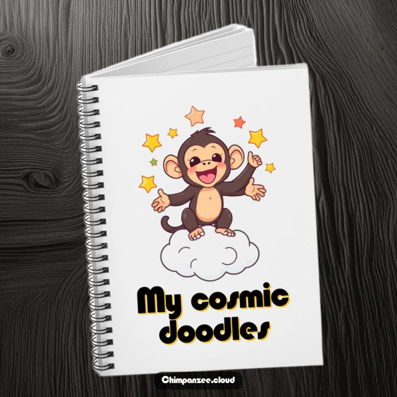 Funny notebook featuring an adorable chimpanzee juggling colorful stars above a cloud, ready for creative notes.