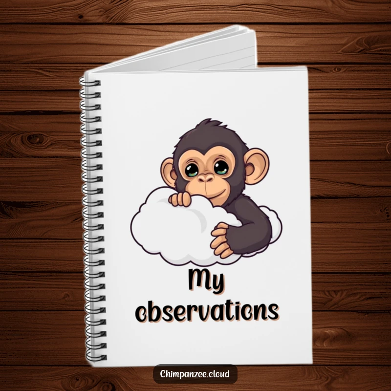 Funny chimpanzee peeking from behind a cloud, on a notebook cover, inspiring curious writing and thoughtful note-taking.