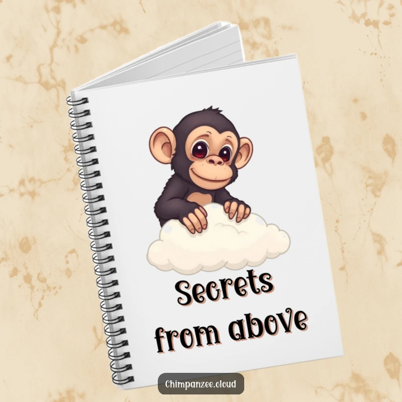 Funny chimp peeking over a cloud, holding an open notebook, ready to record curious discoveries.