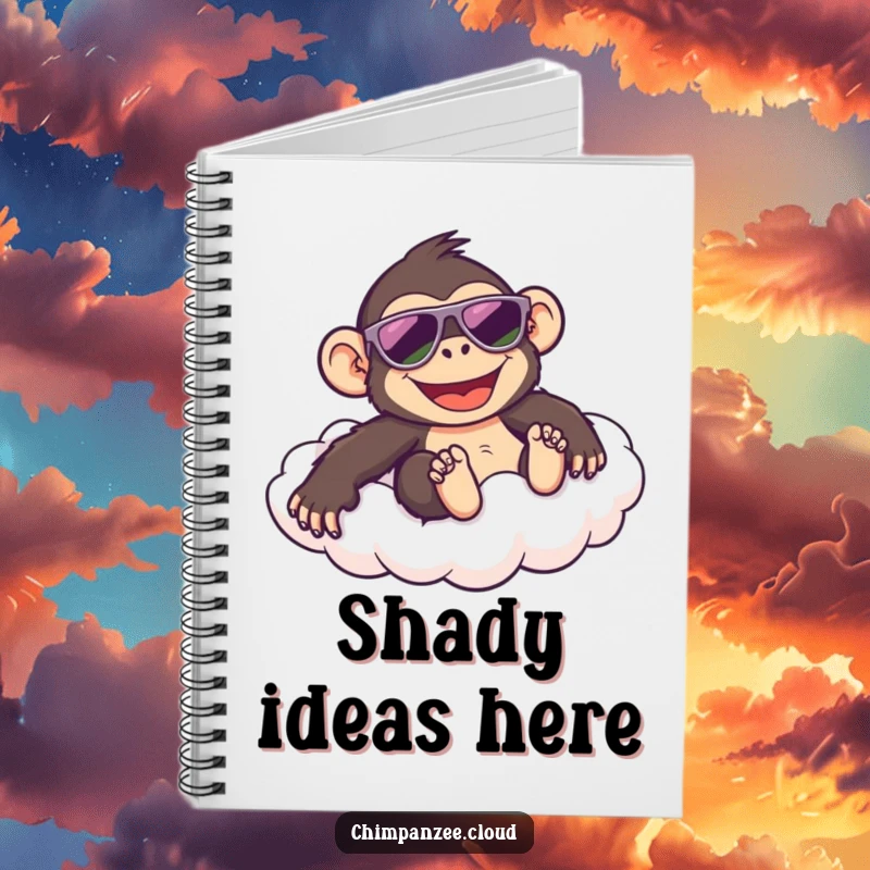 Funny notebook featuring a happy chimpanzee in sunglasses sliding down a cloud, ideal for jotting down cool ideas and notes.