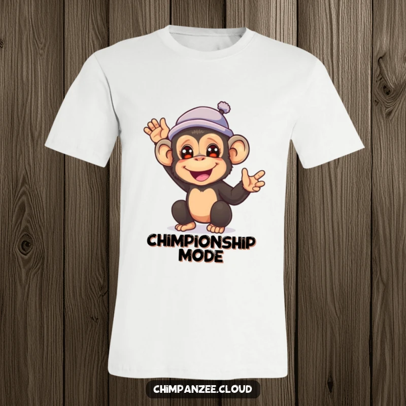 Funny t-shirt graphic of a joyful chimpanzee wearing a small hat and actively waving a hand in greeting.