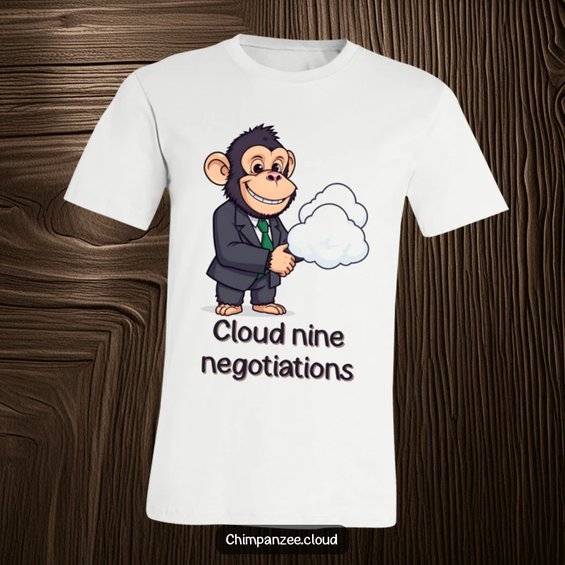 Funny Business Chimp Suit T-Shirt: A smiling chimpanzee in a suit confidently shakes hands with a fluffy cloud, conveying corporate humor.