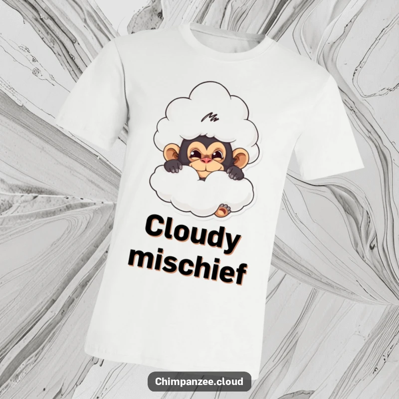 Funny t-shirt showing a mischievous chimpanzee playfully hiding behind a fluffy cloud, a design with hidden humor.