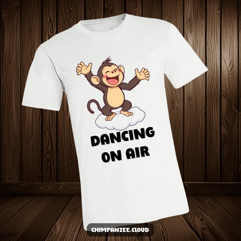 Funny t-shirt showing a joyful chimpanzee performing a gleeful dance on a fluffy cloud, radiating pure happiness.