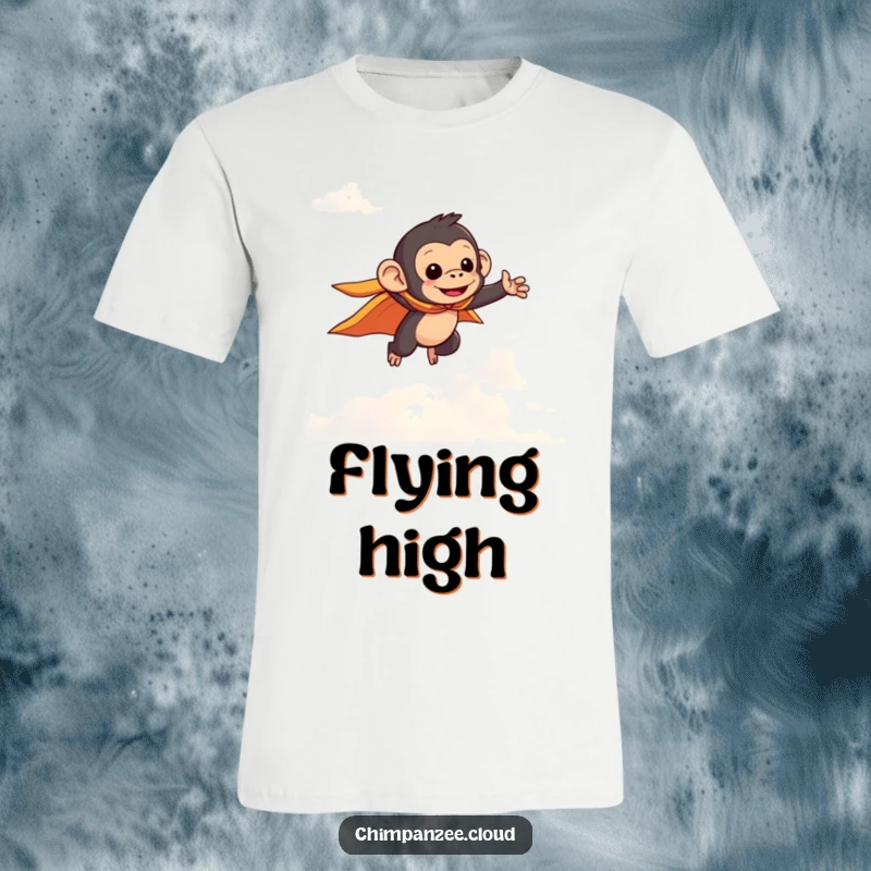 Funny chimpanzee wearing a tiny cape, soaring bravely through clouds, depicted on a t-shirt for adventurous and humorous wear.