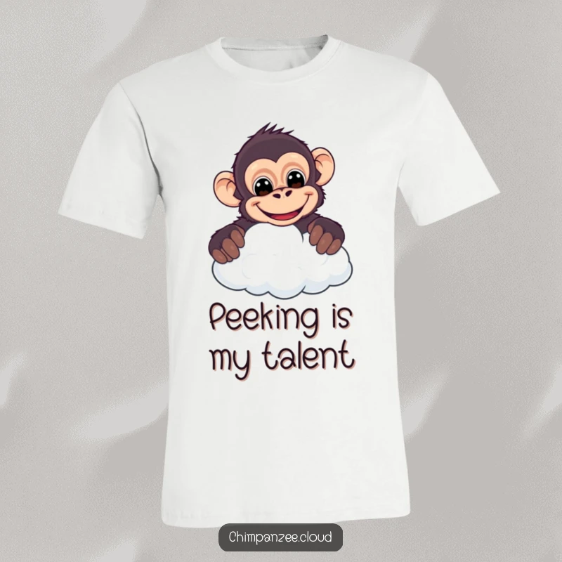 Funny chimpanzee t-shirt, cheeky character playfully peeking over a cloud, sporting a mischievous and infectious grin.