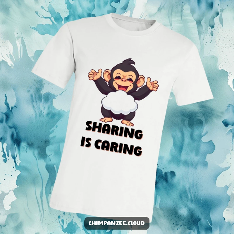 Funny chimpanzee happily offering a cloud puff graphic t-shirt, a humorous and cheerful funny gift.