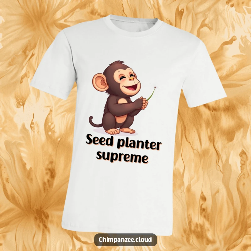 Funny chimpanzee t-shirt, blowing dandelion seeds into starry sky, dreamy space theme, whimsical primate.