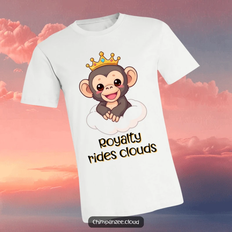 Funny Chimp T-Shirt: Cute crowned chimpanzee riding a fluffy cloud, expressing regal humor and joy, ideal funny gift.