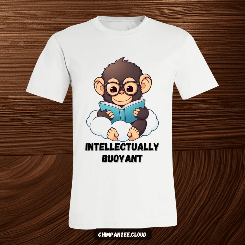 Funny Chimp Reader T-Shirt: A fluffy chimpanzee wearing glasses reads a book while suspended on a cloud, a humorous, intellectual design.