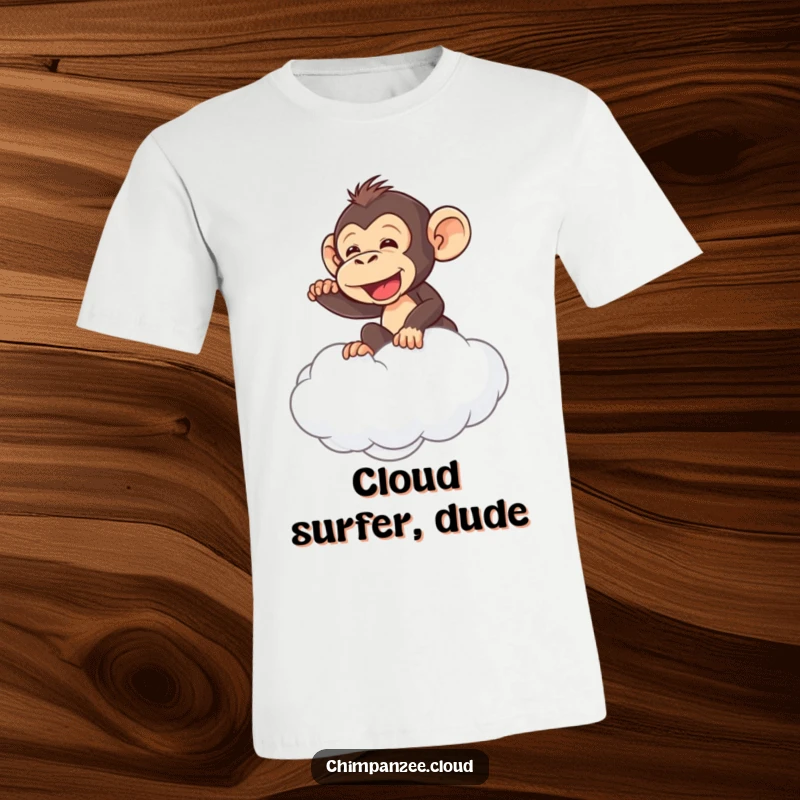 Funny chimpanzee attempting to ride a fluffy cloud, depicted with mischievous glee, great for a funny t-shirt.