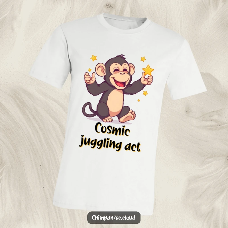 Funny chimpanzee character skillfully juggling tiny, twinkling stars, designed for those with a playful and cosmic sense of humor.