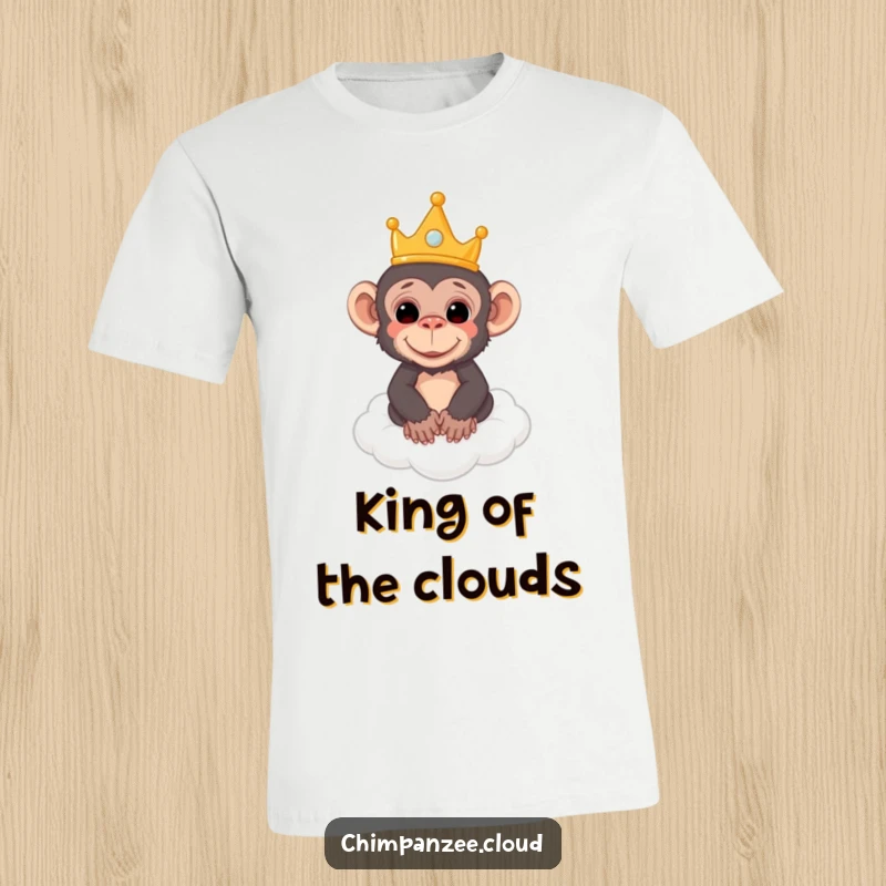 Funny t-shirt design of a chimpanzee wearing a small crown, majestically floating on a soft cloud, a king of the jungle.