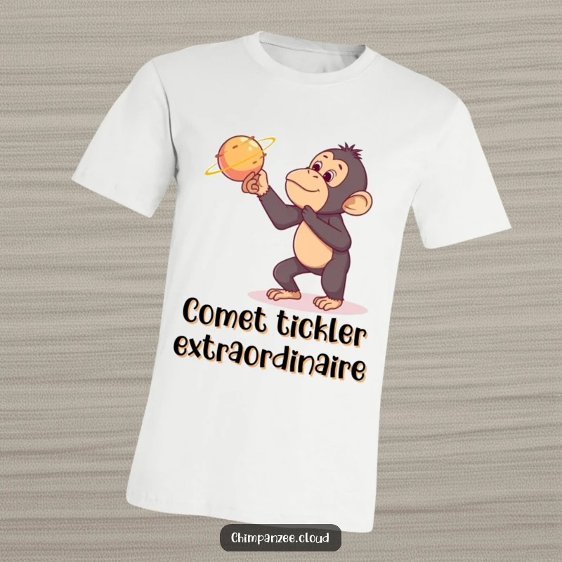 Funny chimpanzee t-shirt, caught in the act of tickling a passing comet, space humor, playful primate tee.