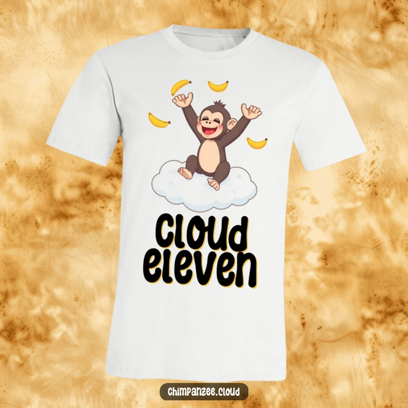 Funny chimpanzee juggling bananas on a fluffy cloud, a humorous t-shirt for whimsical souls, great funny gift.
