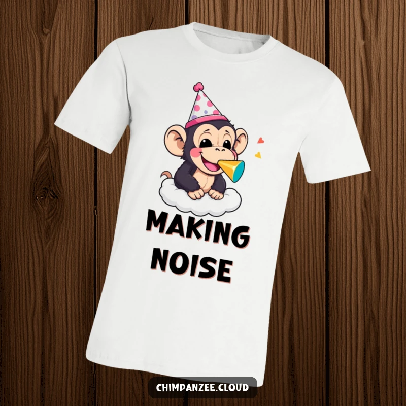 Funny chimpanzee in a party hat blowing a noisemaker on a cloud, depicted on a t-shirt for festive and humorous wear.