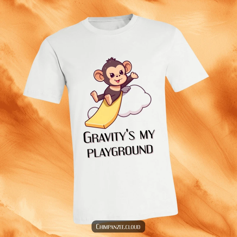 Funny playful chimpanzee t-shirt sliding down a cloud like a slide, capturing a moment of thrilling fun and energetic delight.