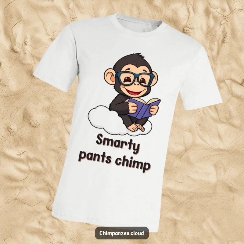 Funny t-shirt featuring a happy chimpanzee wearing glasses, absorbed in reading a book while perched on a cloud.