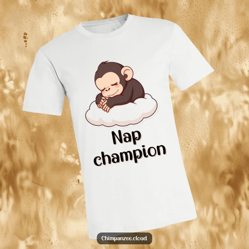 Funny sleeping chimp t-shirt showing a peaceful chimpanzee curled up on a cloud, a cozy funny gift.