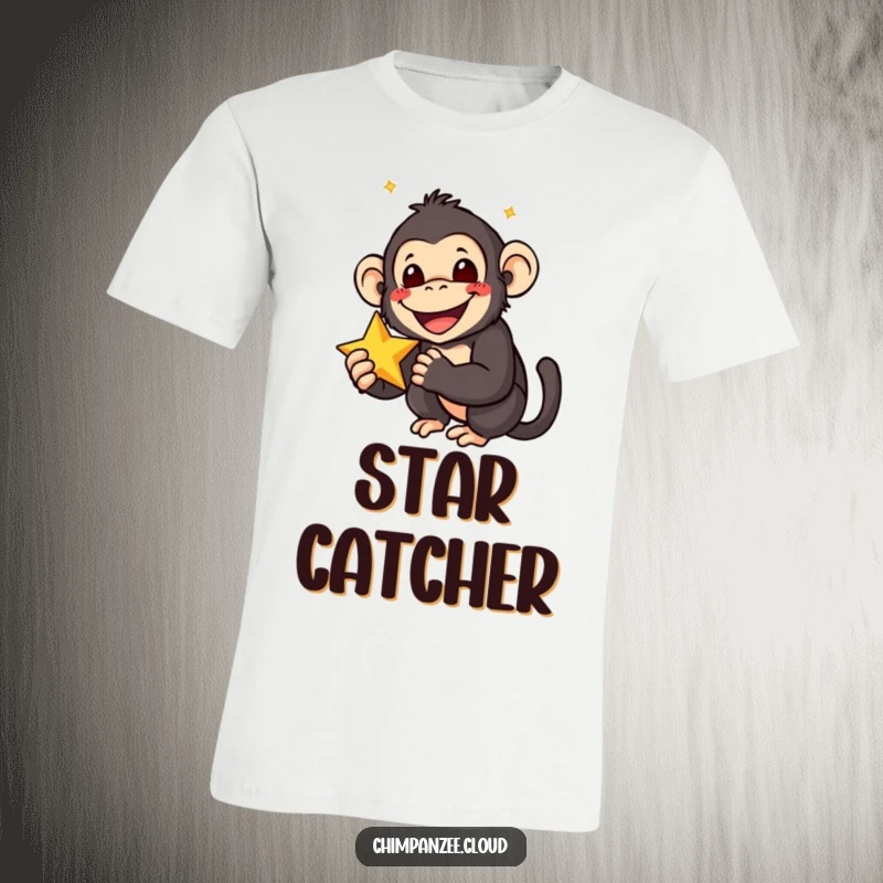 Funny T-Shirt depicting a smiling chimpanzee with wide, delighted eyes, holding a star, symbolizing joy and achievement.