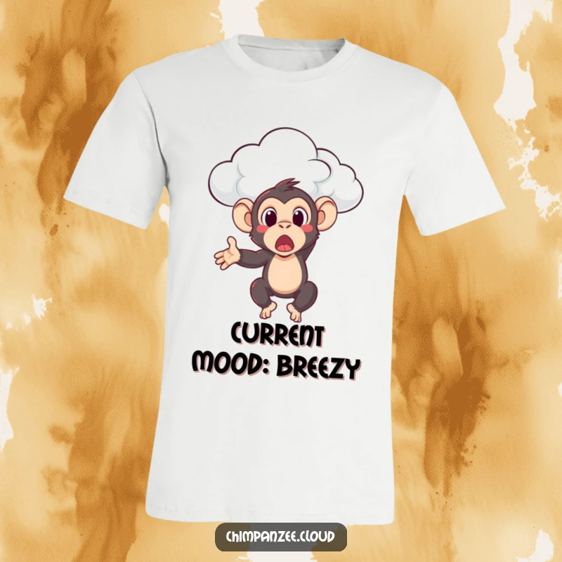 Funny chimpanzee character with wide eyes being gently lifted by a playful cloud formation, printed on a humorous t-shirt.