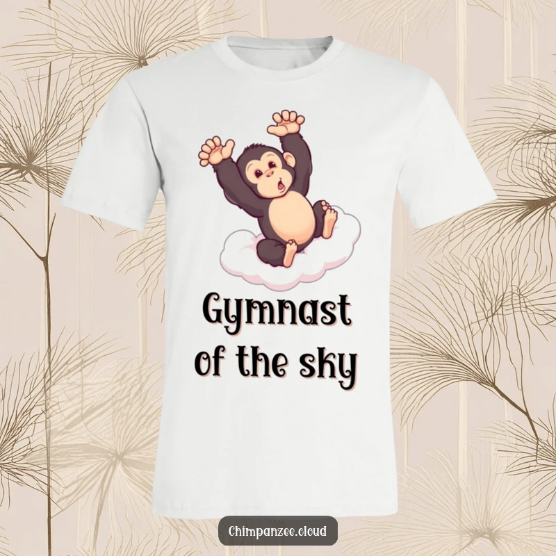 Funny chimpanzee executing a perfect somersault on a soft cloud, captured in a vibrant and humorous t-shirt design.