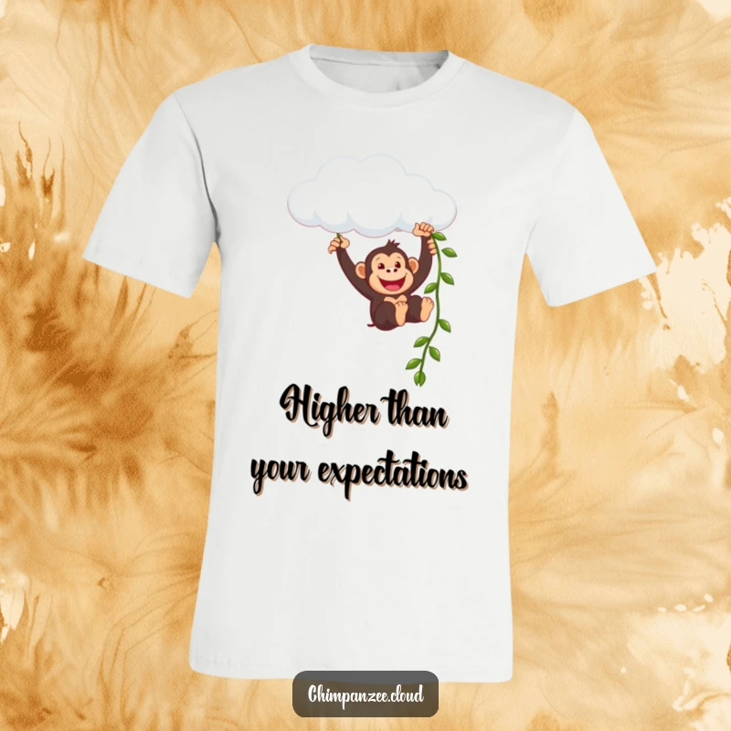 Funny chimpanzee character in mid-air, happily swinging from a soft cloud with a vine, radiating pure exhilaration and fun.